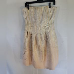New York & Company Strapless Fit Flare metallic Dress 10 Cream gold silver